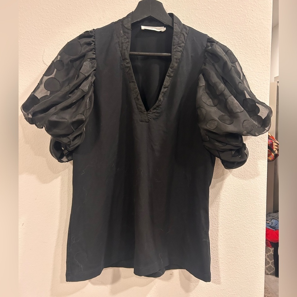 Anne Fontaine Maki Dots Puff Sleeve Top Black Sheer Polka Dot Balloon Blouse M - Picture 1 of 6